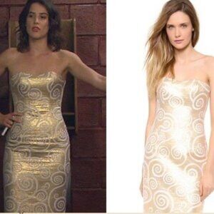 Robin’s gold strapless swirl patterned dress on How I Met Your Mother